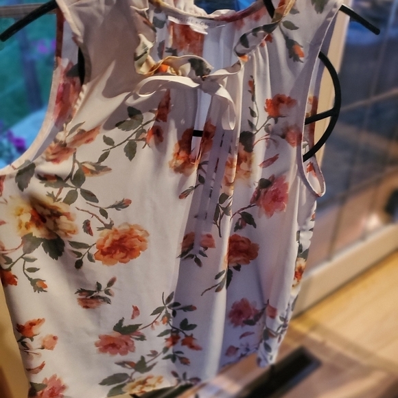 Violet & Claire Sleeveless Beige Floral Ruffled Collar‎ Sz. M Blouse Tunic - Picture 3 of 11